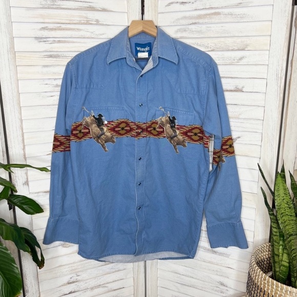 Wrangler Other - VINTAGE WRANGLER MEN'S Wester Shirt Rodeo Bull Rider Pearl Snap Buttons Blue M